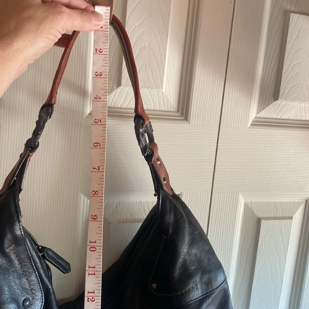 Black Leather Hobo Bag with Tan Shoulder Strap